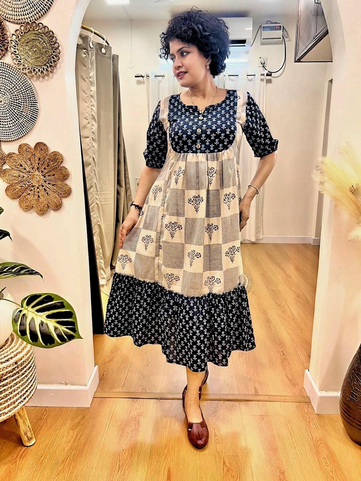 Pleated Indigo Dress Floral