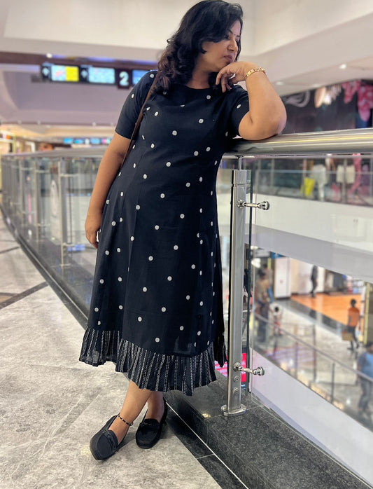 Black Cotton Jacquard Polka Dot Dress