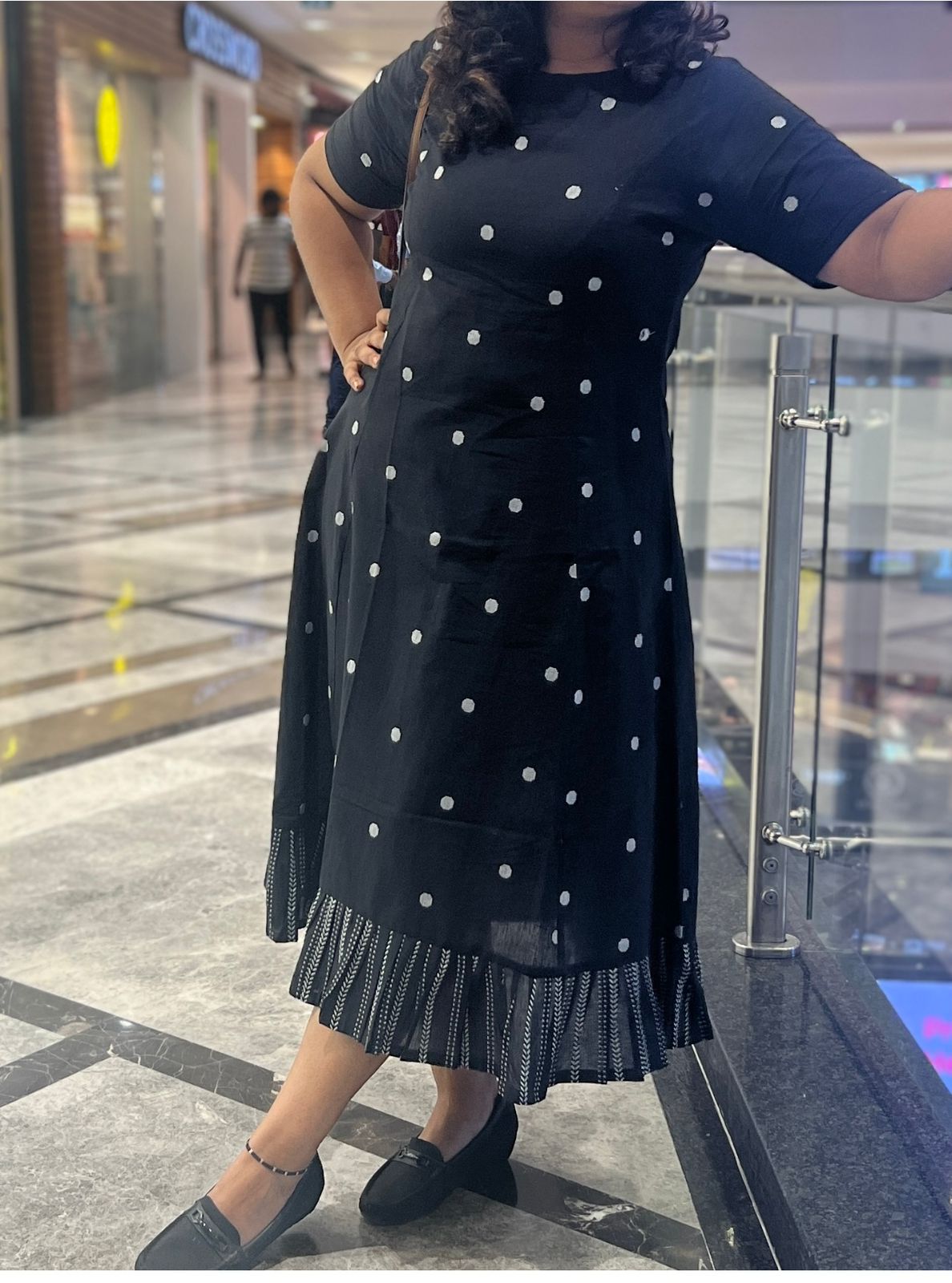 Black Cotton Jacquard Polka Dot Dress