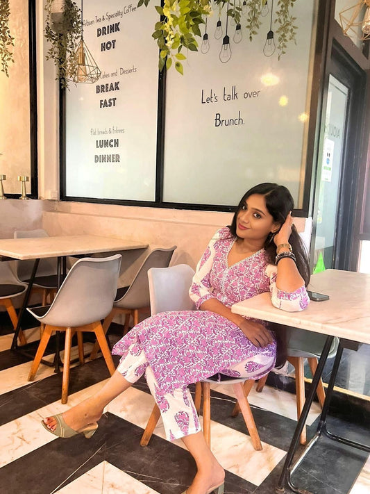 Purple High Neck Kurti Set