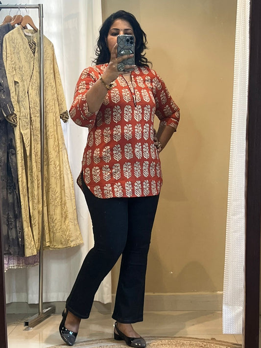 Red Handblock Short Kurti