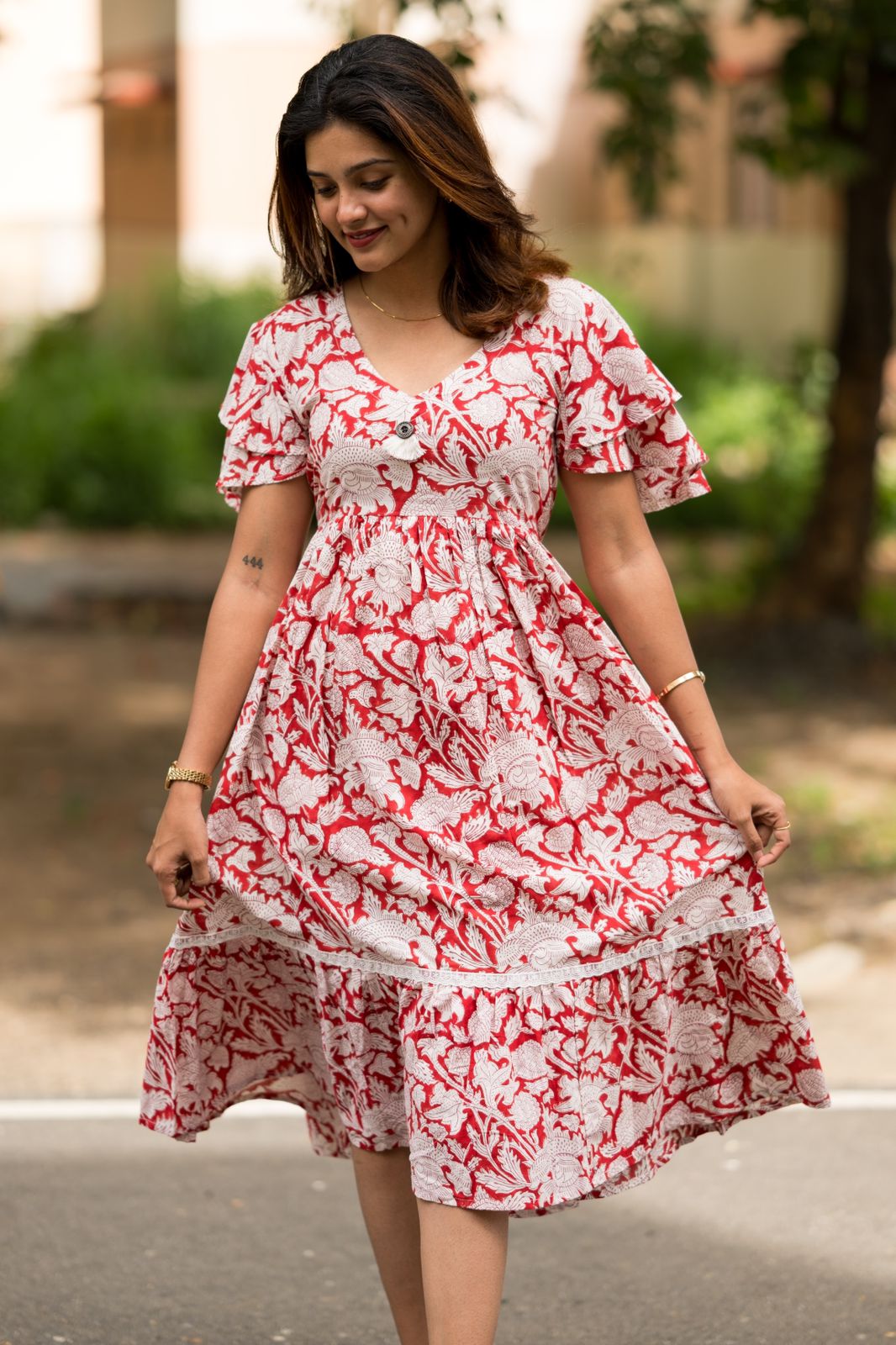 Ruffle Sleeve Maxi Dress Red