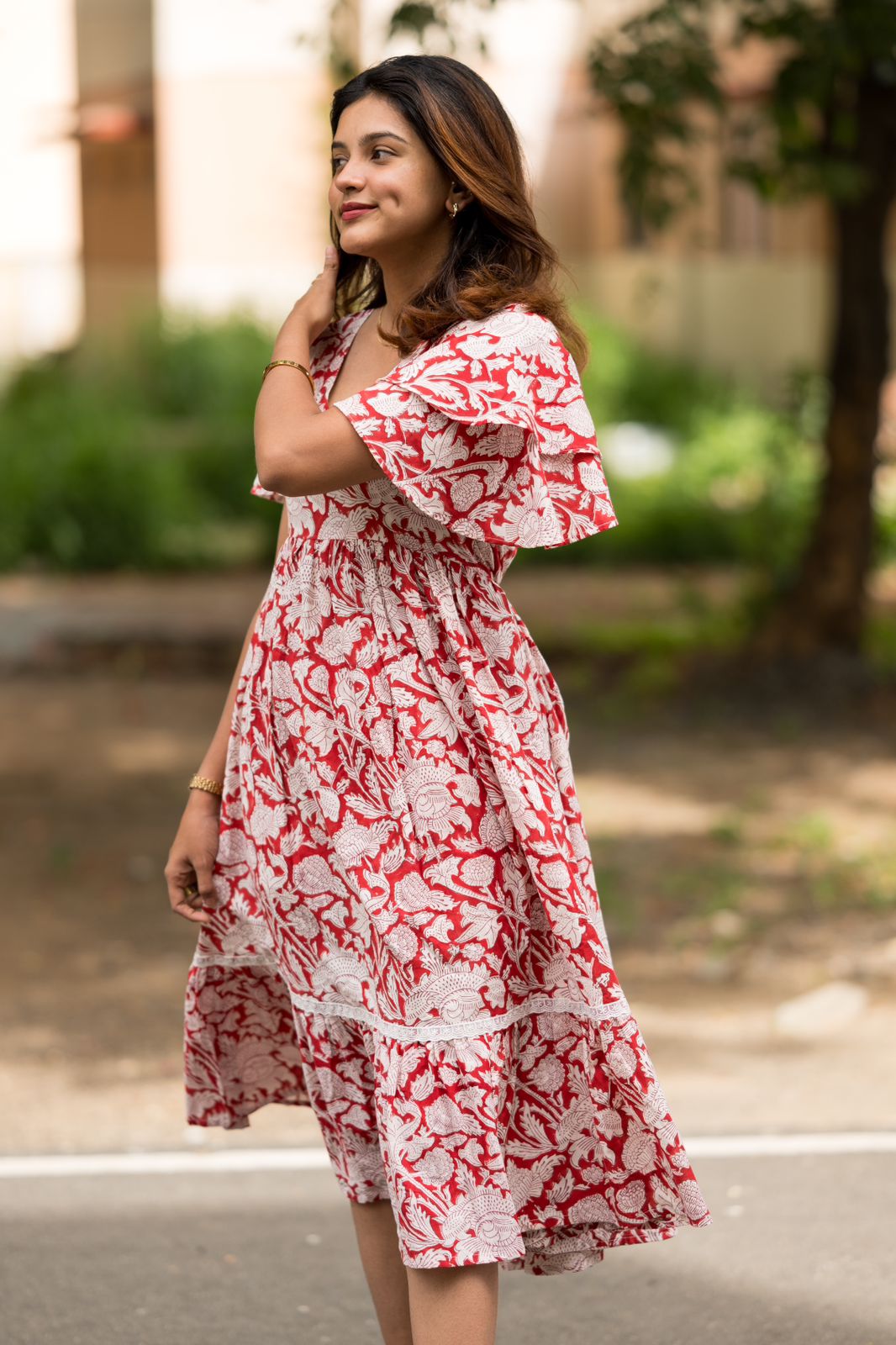 Ruffle Sleeve Maxi Dress Red