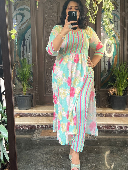 Blue Muslin Sequence Dress With Pant