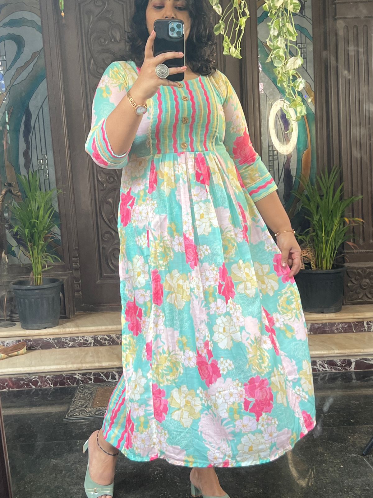 Blue Muslin Sequence Dress With Pant