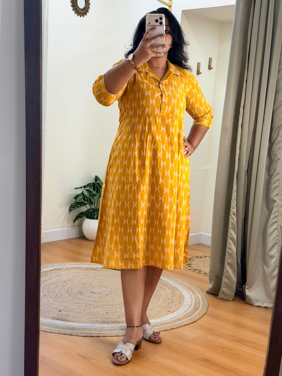 Yellow Cotton Collar Midi Dress