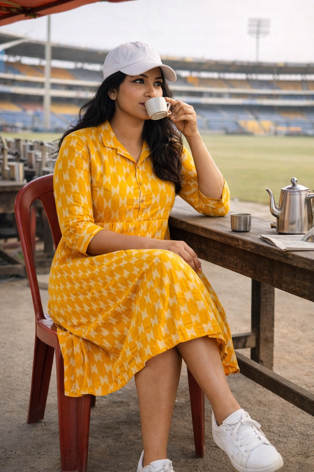 Yellow Cotton Collar Midi Dress