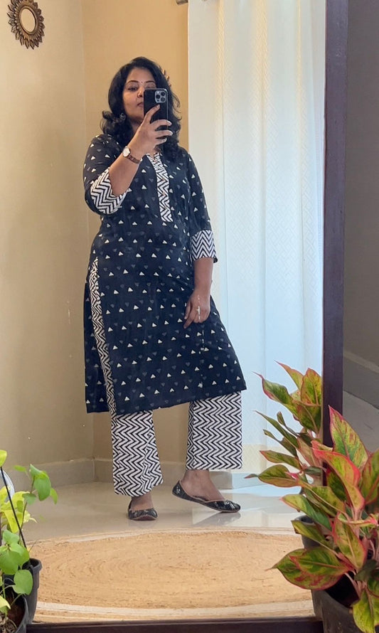 Black and  White Office Wear Kurti Set