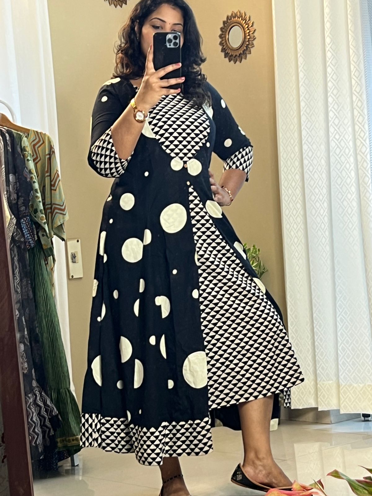 Overcoat Style Dress - Black Dot
