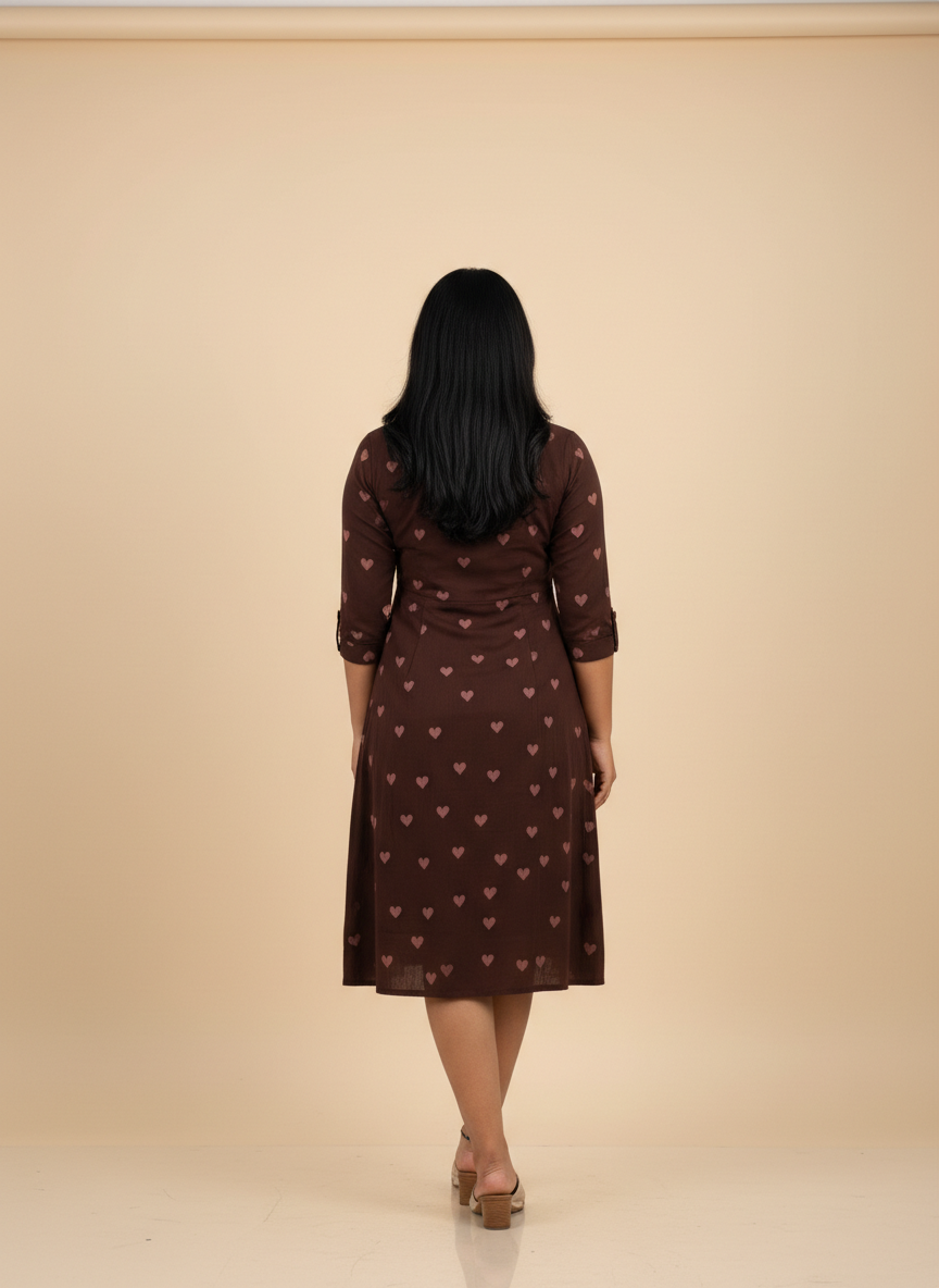 Brown Cotton Collar Midi Dress