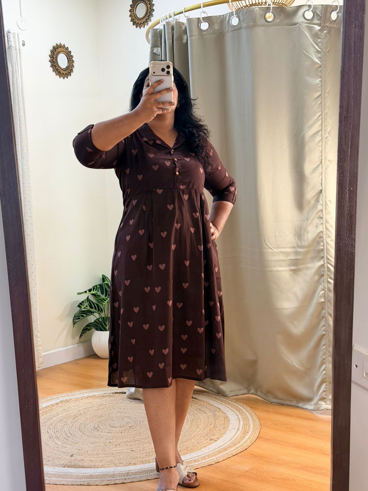 Brown Cotton Collar Midi Dress