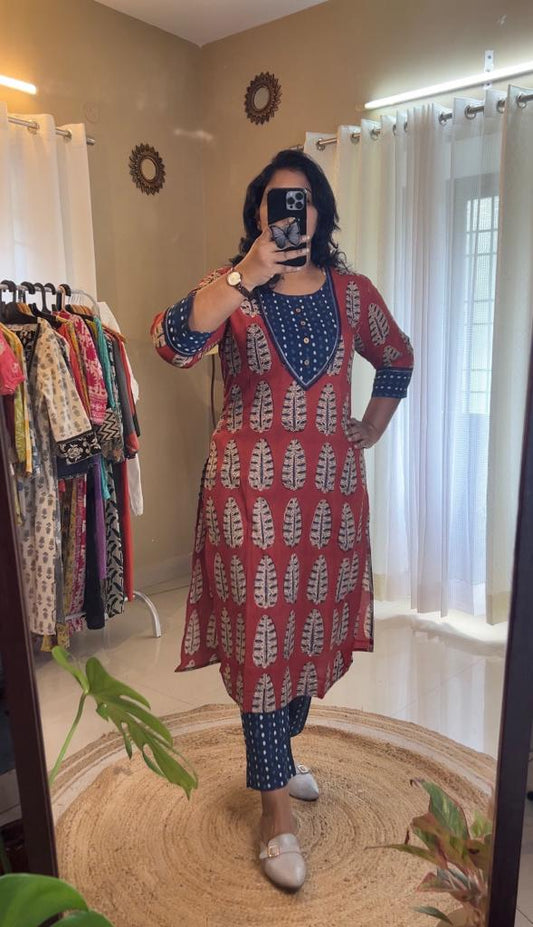 Office Wear Kurti Set - Red Ajrakh
