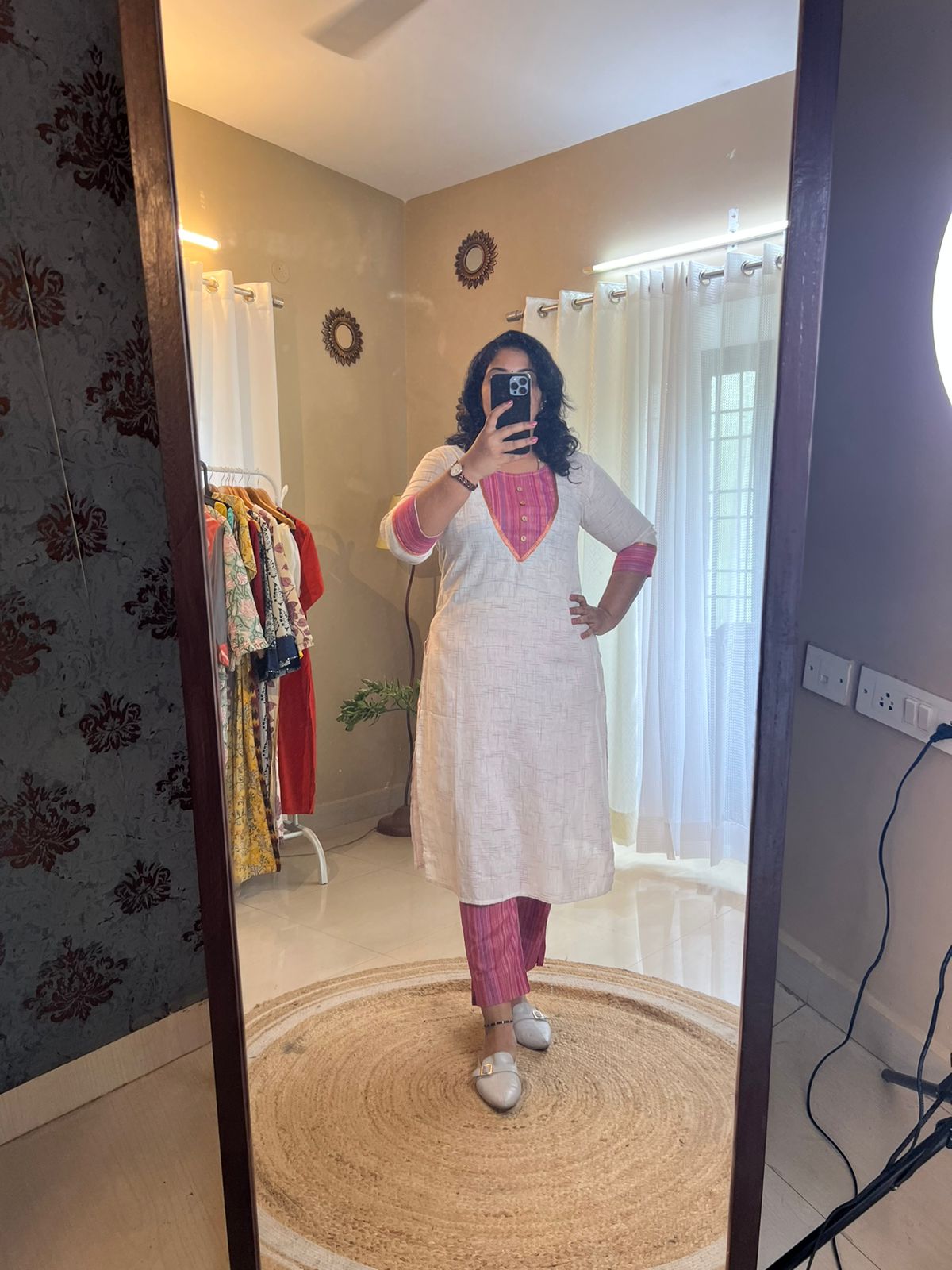 Office Wear Kurti Set - White & Pink - RoseGold Lace