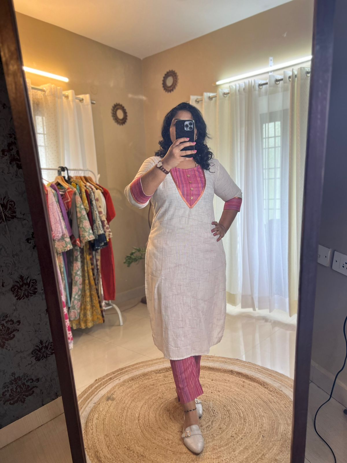 Office Wear Kurti Set - White & Pink - RoseGold Lace