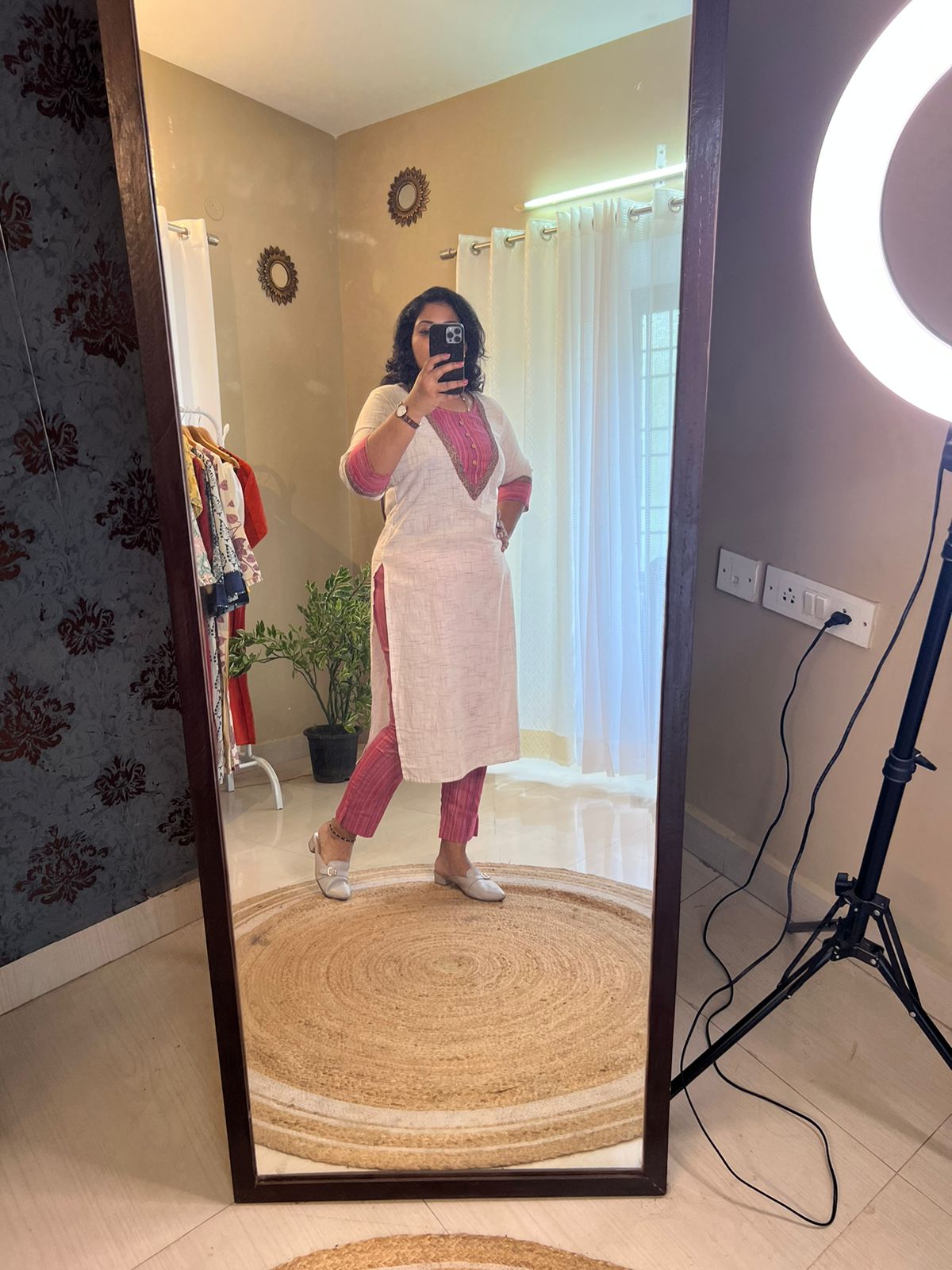 Office Wear Kurti Set - White & Pink - RoseGold Lace