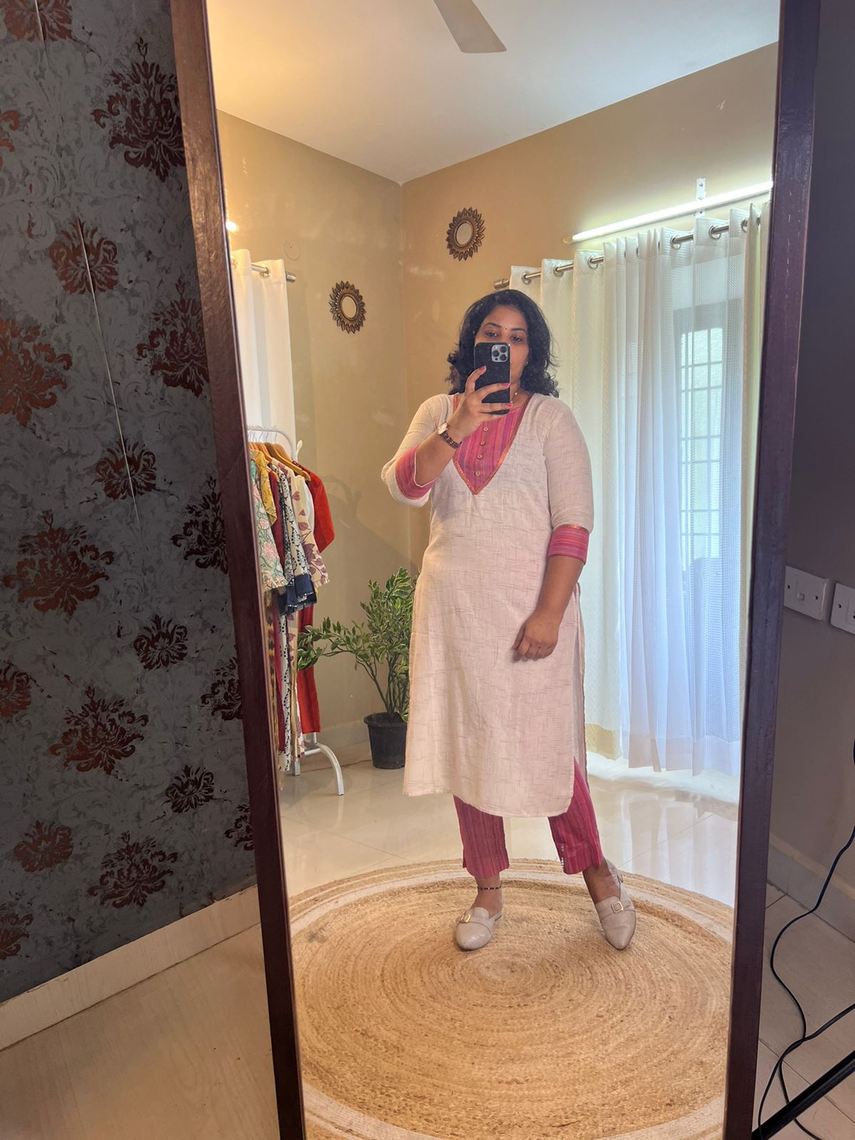 Office Wear Kurti Set - White & Pink - RoseGold Lace