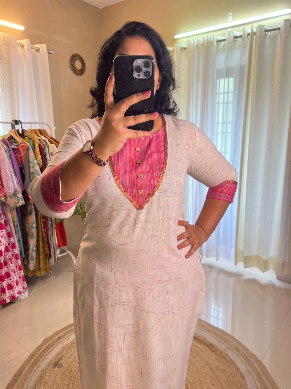 Office Wear Kurti Set - White & Pink - RoseGold Lace