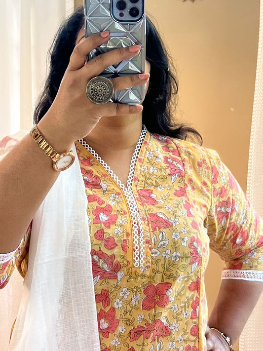 Yellow Lace Kurti With Kota Dupatta