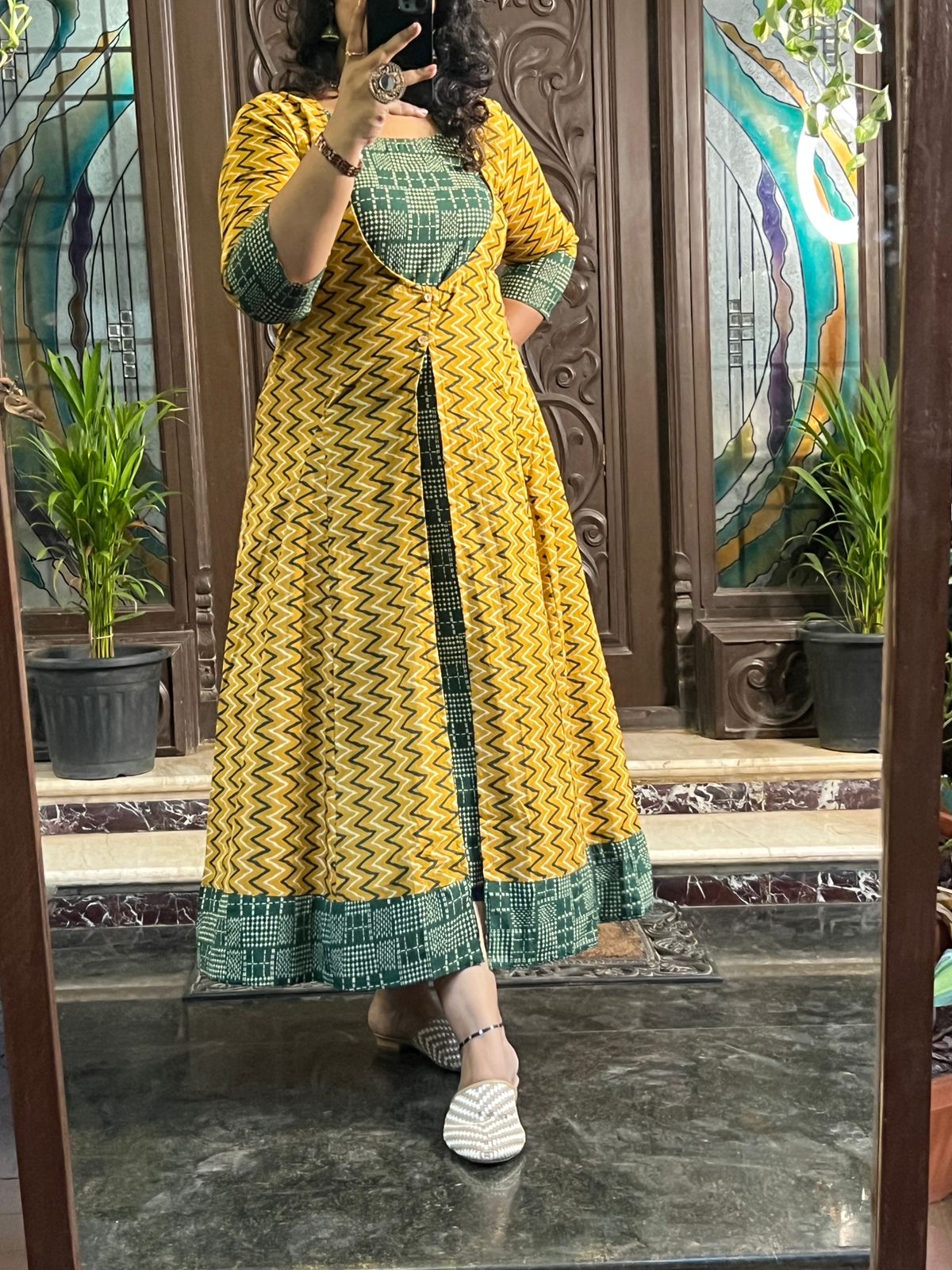 Overcoat A Line Cotton Dress - Green and Yellow