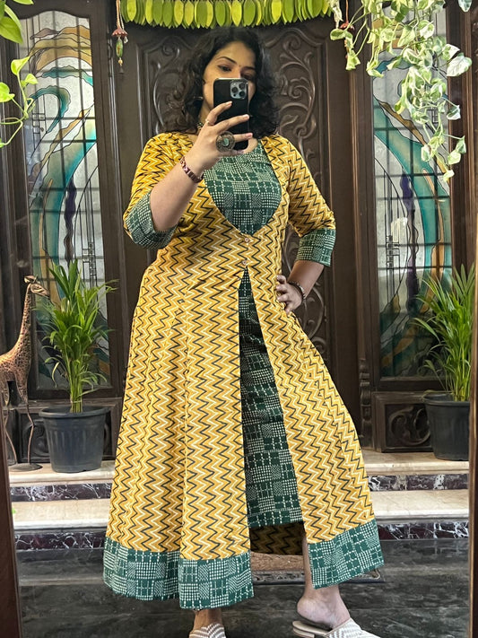 Overcoat A Line Cotton Dress - Green and Yellow