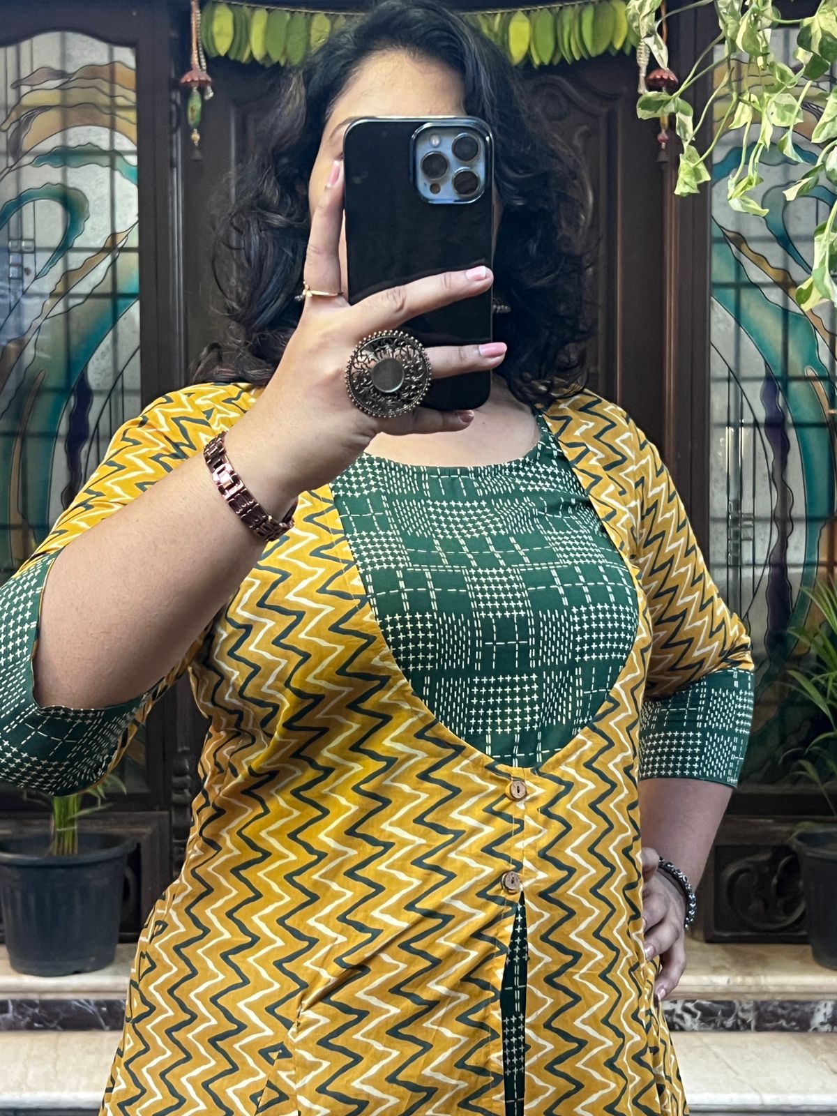 Overcoat A Line Cotton Dress - Green and Yellow
