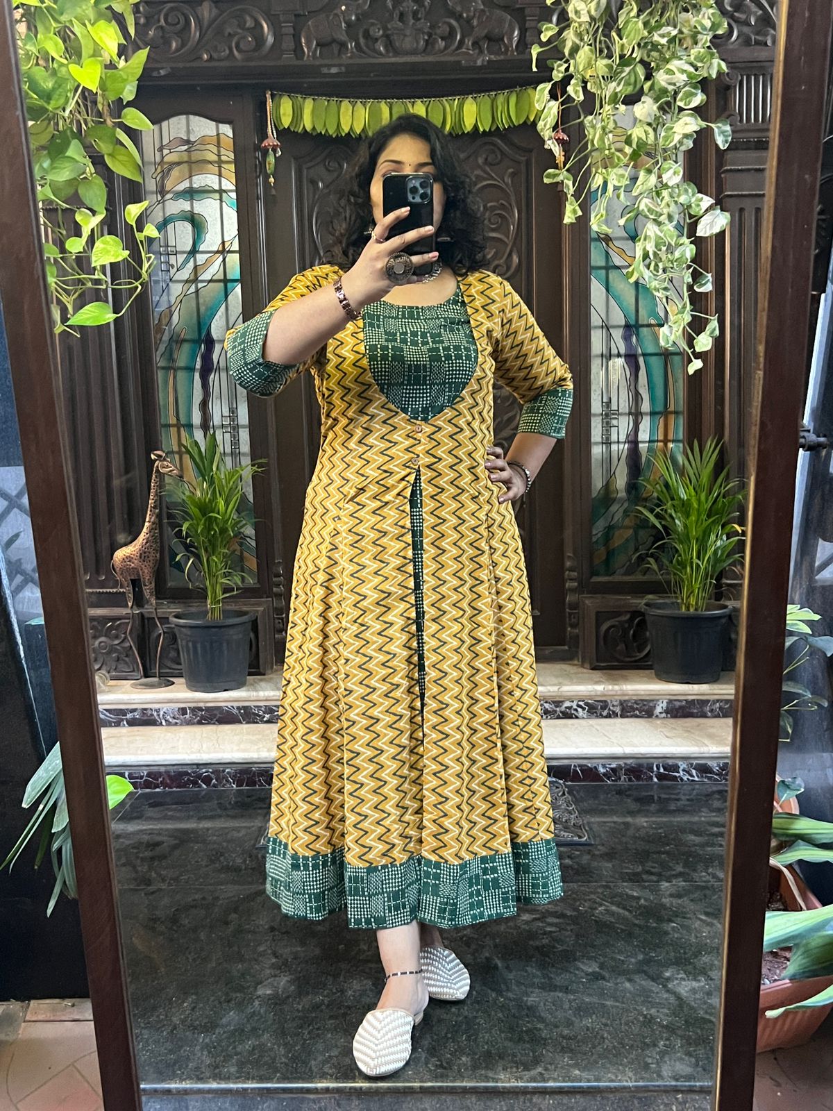Overcoat A Line Cotton Dress - Green and Yellow