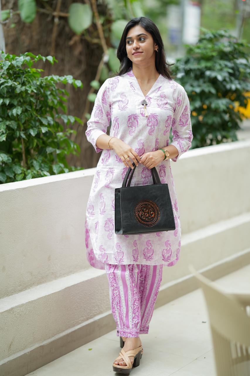 Pink Apple Cut Cotton Co-Ord Set for Women by ReyBha Couture - Front View