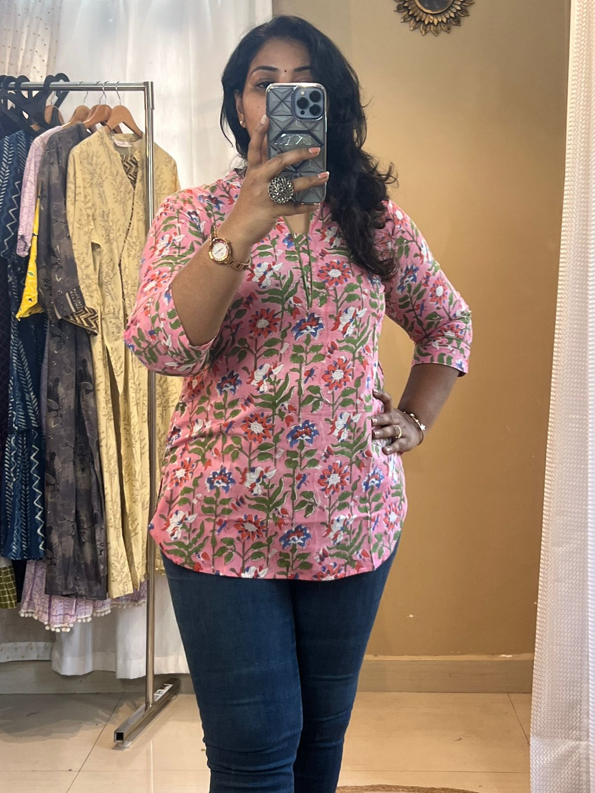 Pink Handblock Short Kurti