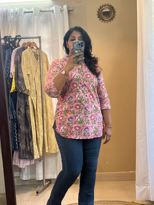Pink Handblock Short Kurti