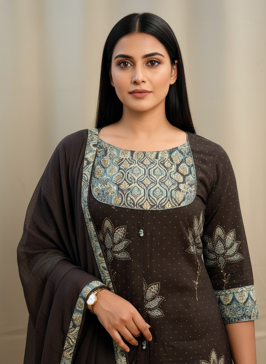 Brown A-Line Kota Dupatta Set