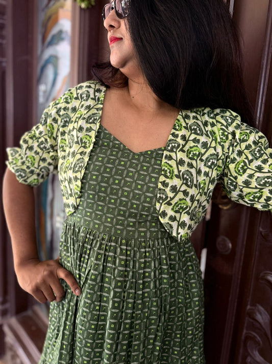 Green Cotton Overcoat Dress Set