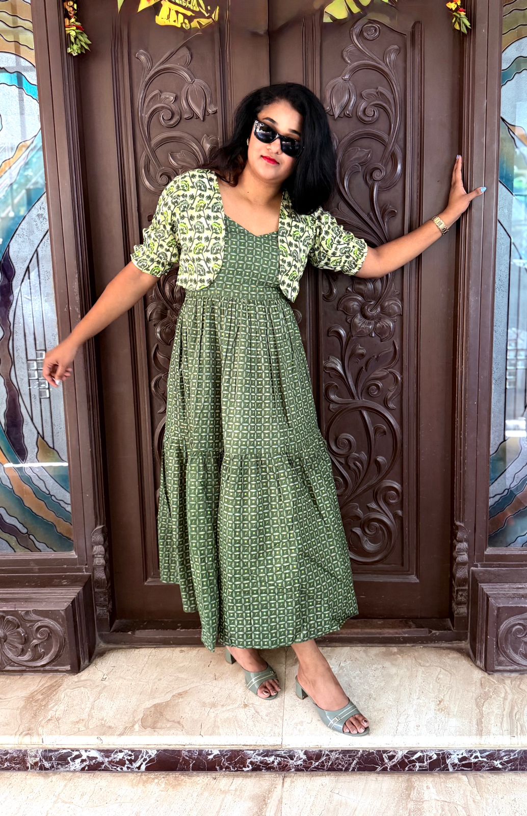 Green Cotton Overcoat Dress Set