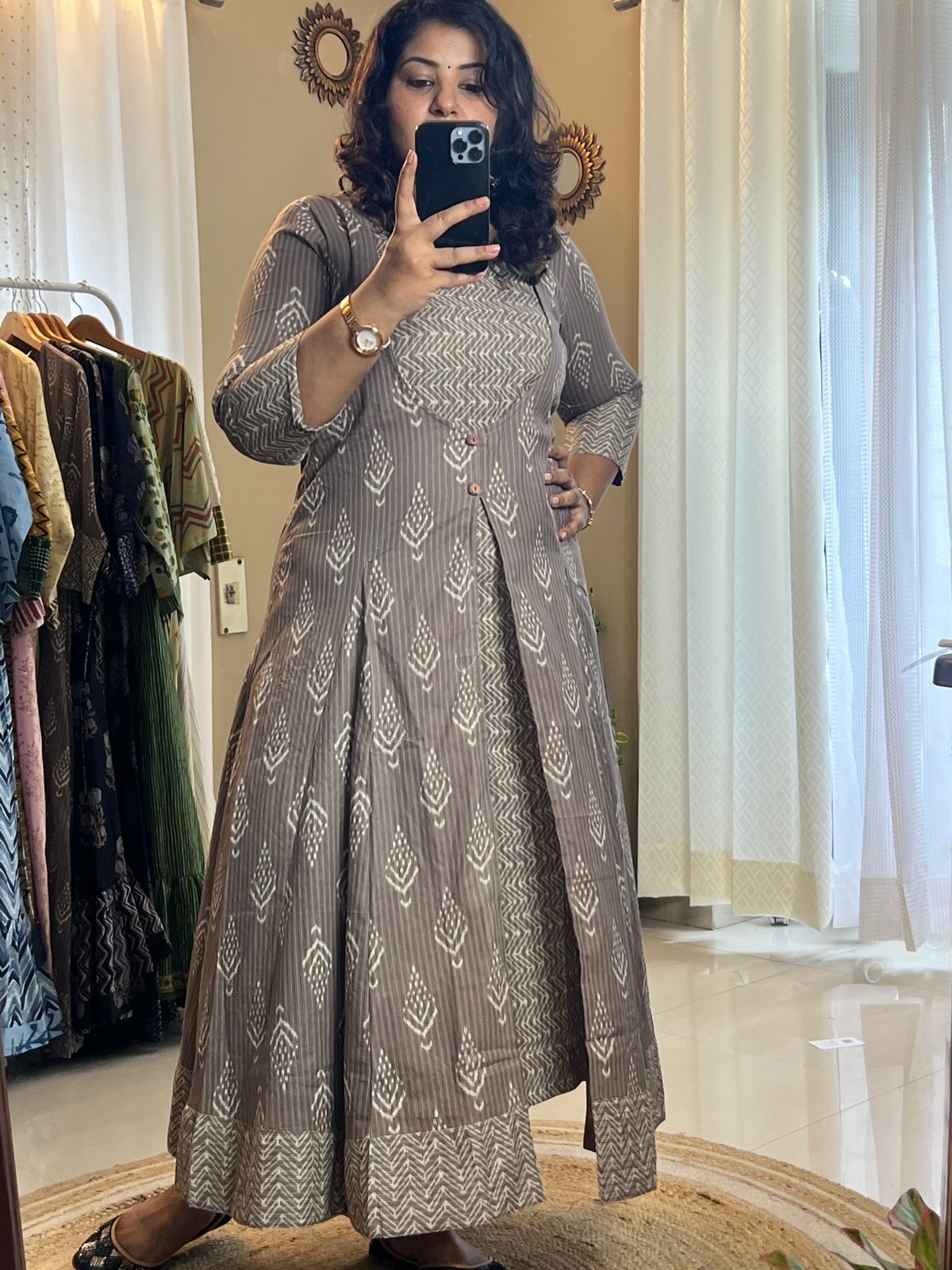 Overcoat Style Dress - Geometric Brown