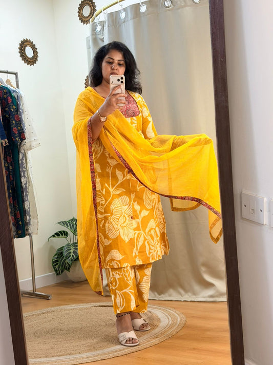 Yellow A-Line Kota Dupatta Set
