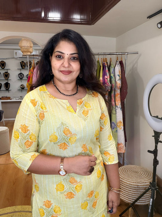 Lemon Yellow Floral Cotton Kurta Pant Set