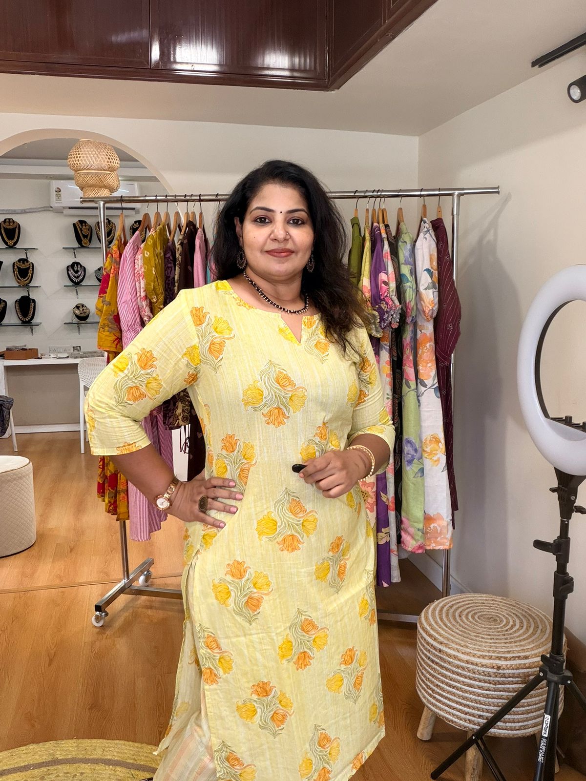 Lemon Yellow Floral Cotton Kurta Pant Set