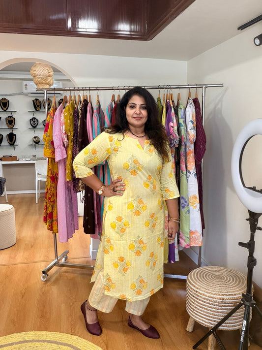 Lemon Yellow Floral Cotton Kurta Pant Set