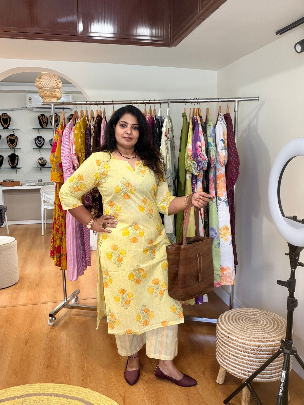 Lemon Yellow Floral Cotton Kurta Pant Set