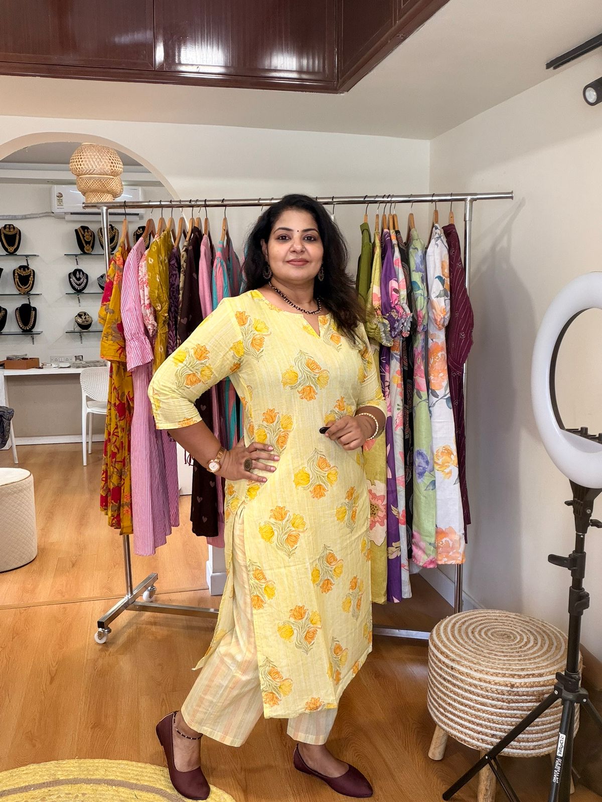 Lemon Yellow Floral Cotton Kurta Pant Set