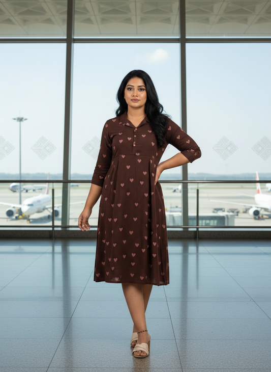 Brown Cotton Collar Midi Dress
