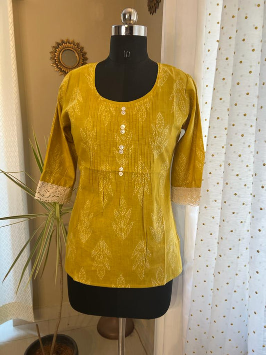 Yellow Short Kurti With Lace